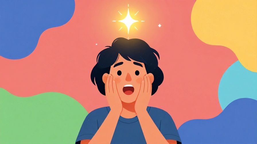 Illustration of a person with a sparkling idea light above head, surprised joyful expression, colorful abstract background