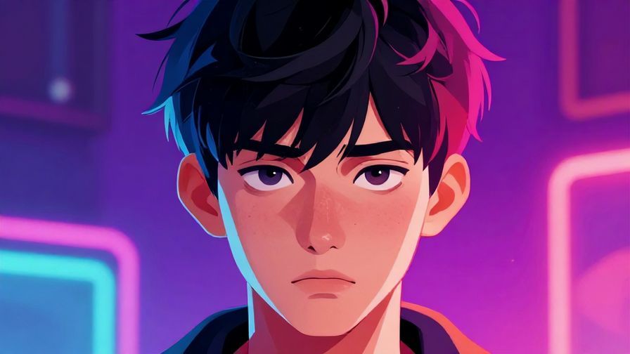 Illustration of a person with a stressed face and intense eyes, vibrant neon background, youthful style