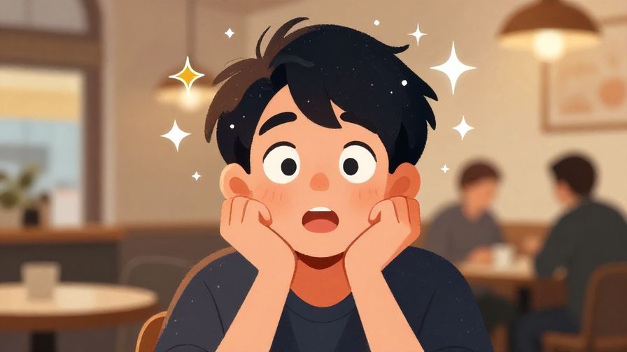 Illustration of a person with a sudden bright idea, eyes wide open, vivid sparkles around their head, cozy cafe background