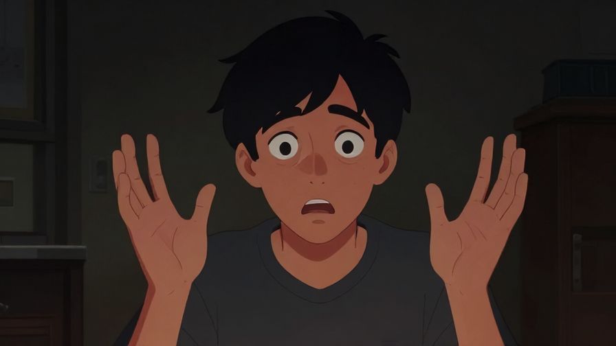 Illustration of a person with a sudden wide-eyed, startled look, hands raised defensively, dimly lit room