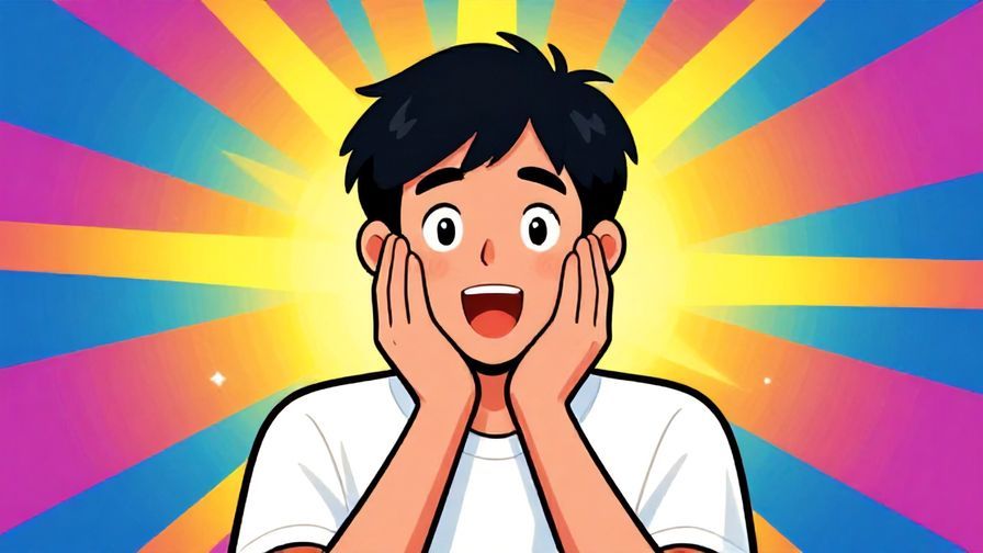 Illustration of a person with a surprised and happy expression, hands on cheeks, colorful burst background