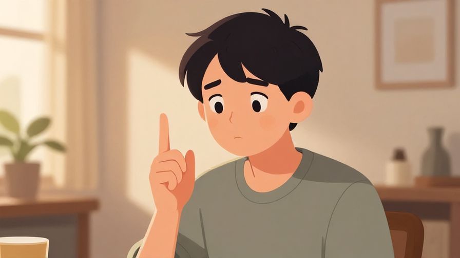 Illustration of a person with a surprised but calm expression, shaking their finger gently, indoor cozy room with soft lighting