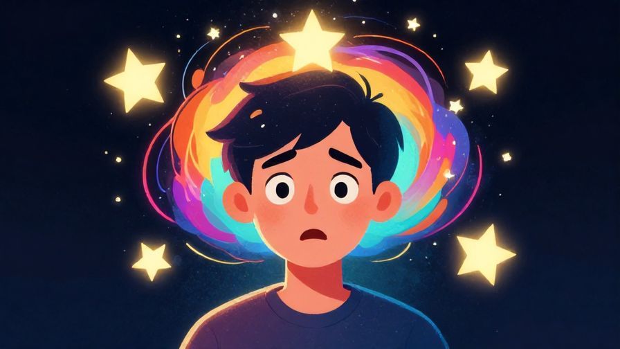 Illustration of a person with a surprised expression and swirling stars around their head, bright and lively colors