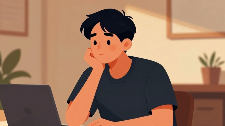 Illustration of a person with a thinking pose, hand on chin, casual indoor setting with warm lighting