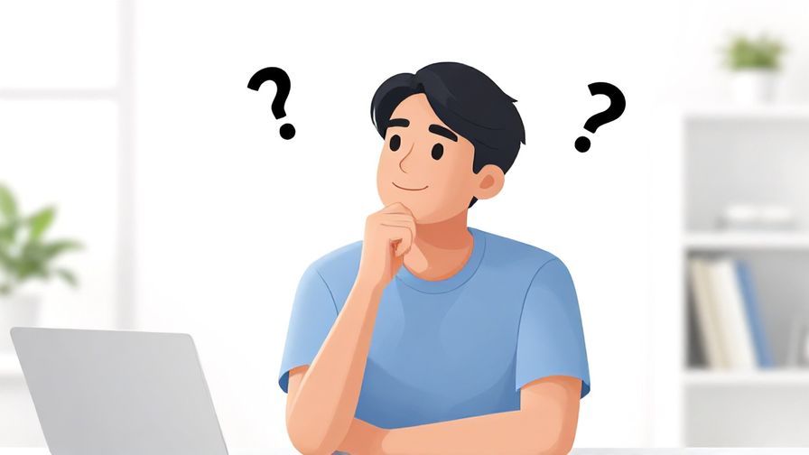 Illustration of a person with a thinking pose, lightly smiling while asking a question, bright and clean room setting