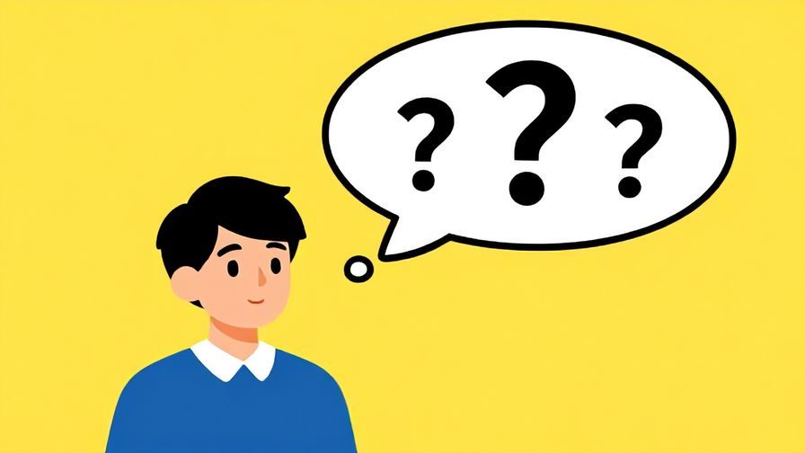 Illustration of a person with a thought bubble filled with question marks, bright cheerful background