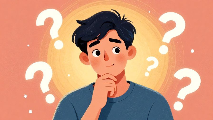 Illustration of a person with a thoughtful expression, hand on chin, surrounded by soft floating question marks, detailed background, vibrant colors, illustrated style