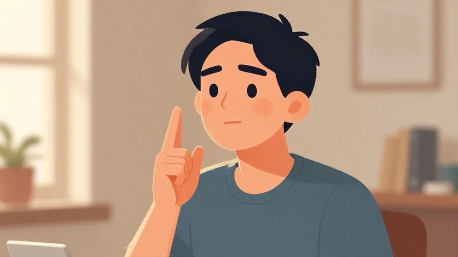 Illustration of a person with a thoughtful expression, hand raised slightly as if to pause, indoor setting with soft lighting