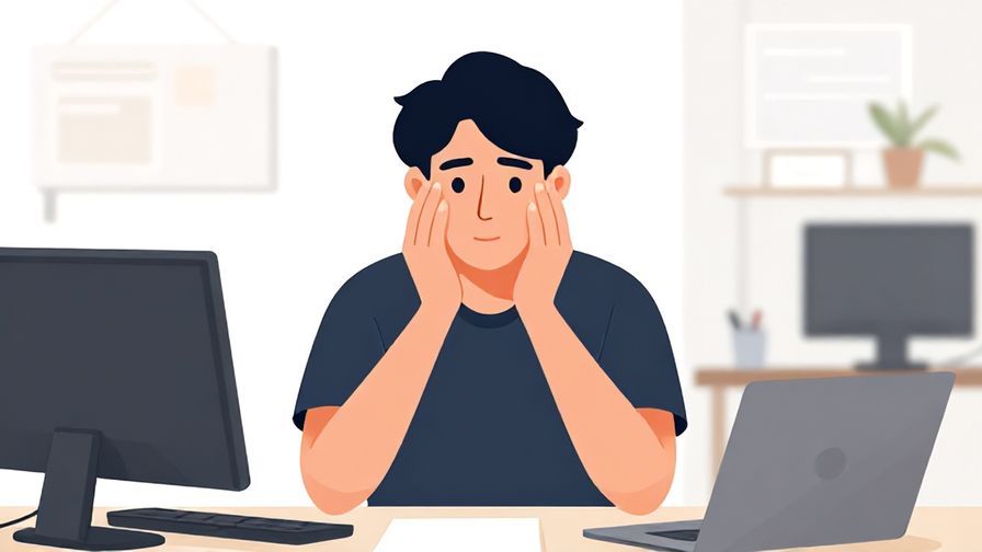 Illustration of a person with a thoughtful expression, sitting at a desk, hands lightly touching their face, office background