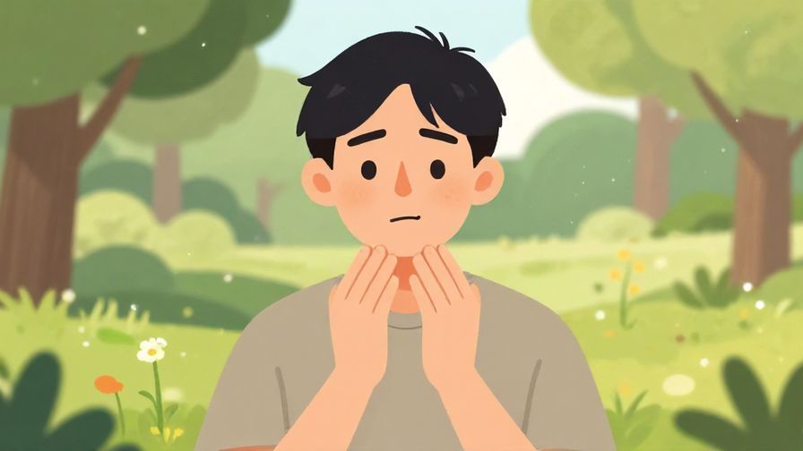 Illustration of a person with a thoughtful expression raising both hands in a calming gesture, peaceful park background, illustrated style