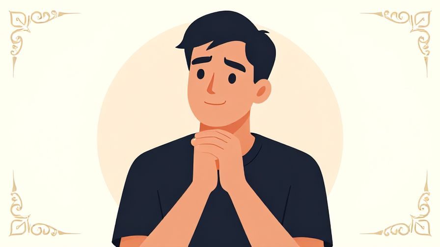 Illustration of a person with a thoughtful expression, hands politely clasped, elegant background