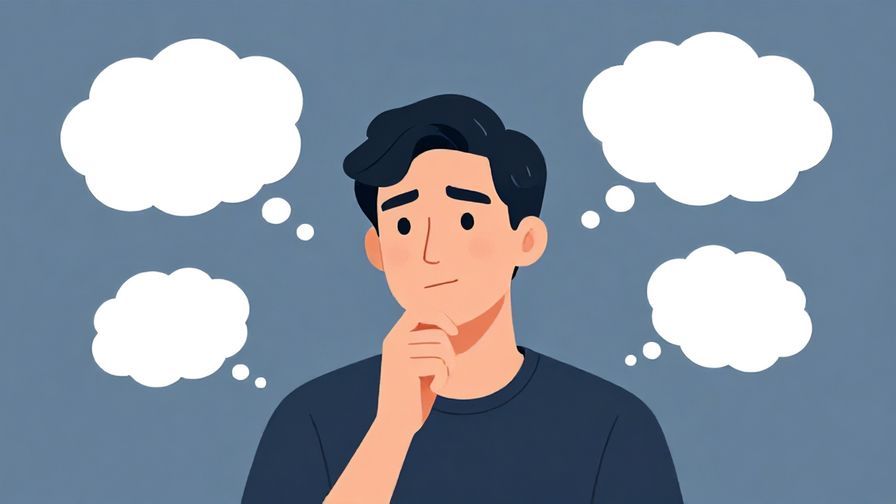 Illustration of a person with a thoughtful expression, one finger to chin, surrounded by soft thought bubbles
