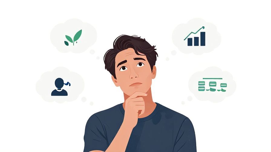 Illustration of a person with a thoughtful expression, hand on chin, surrounded by soft thought bubbles with images of growth and change