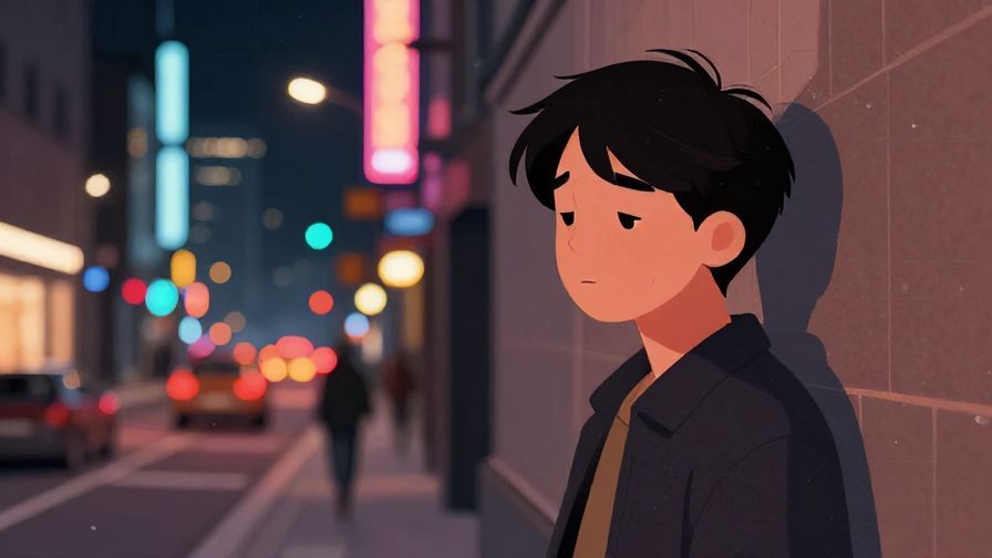 Illustration of a person with a tired expression, leaning against a wall, city street at night with neon lights