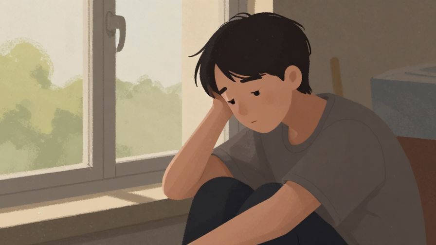 Illustration of a person with a tired expression, sitting quietly by a window, soft natural light, indoor setting, muted colors, illustrated style