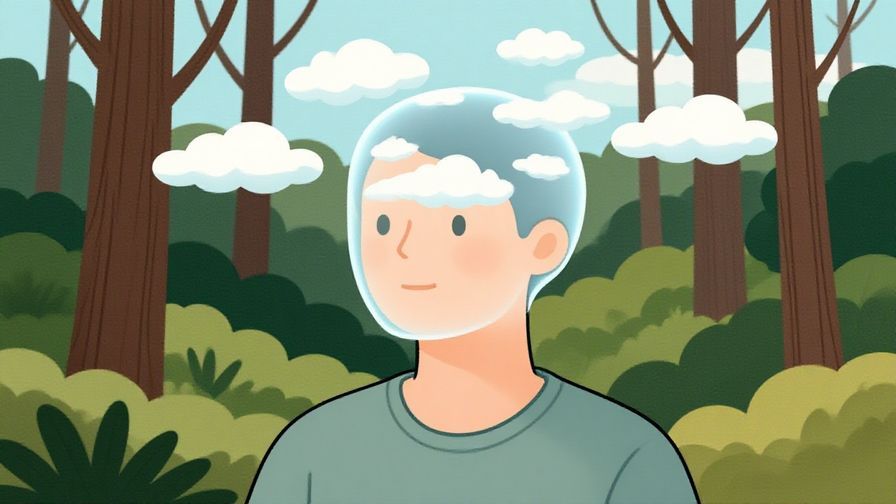 Illustration of a person with a transparent head filled with clouds clearing away, peaceful background, natural colors, illustrated style