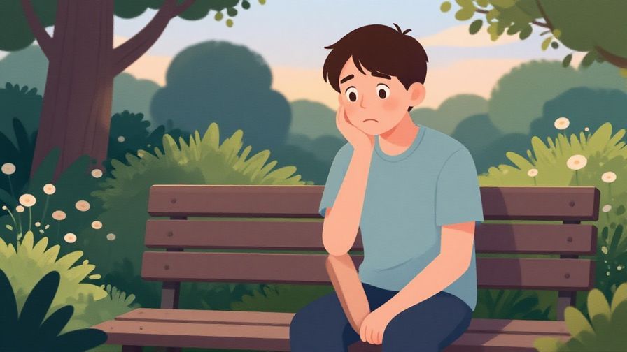 Illustration of a person with a worried expression sitting on a bench in a garden, soft evening light, gentle colors