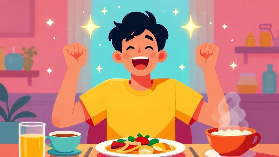 Illustration of a person with an ecstatic expression, surrounded by sparkles and food dishes, vibrant colors