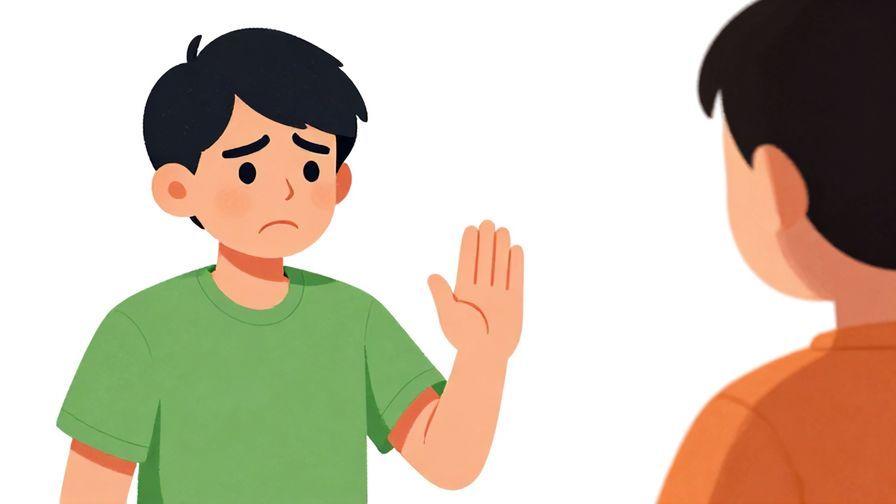 Illustration of a person with an exaggerated annoyed face, holding a hand out to stop a friend’s speech, bright colors, illustrated style