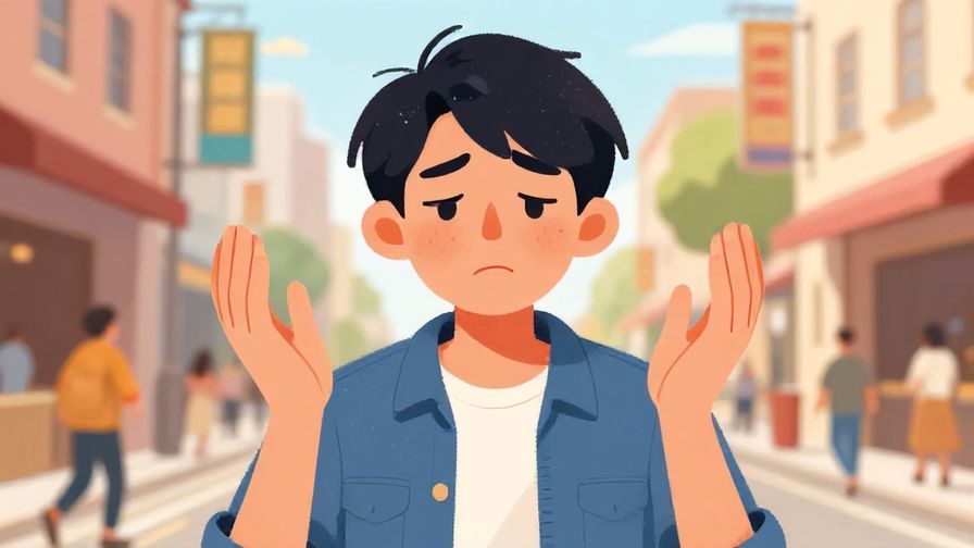 Illustration of a person with an exaggerated tired expression, hands raised in surrender, lively street setting, illustrated style