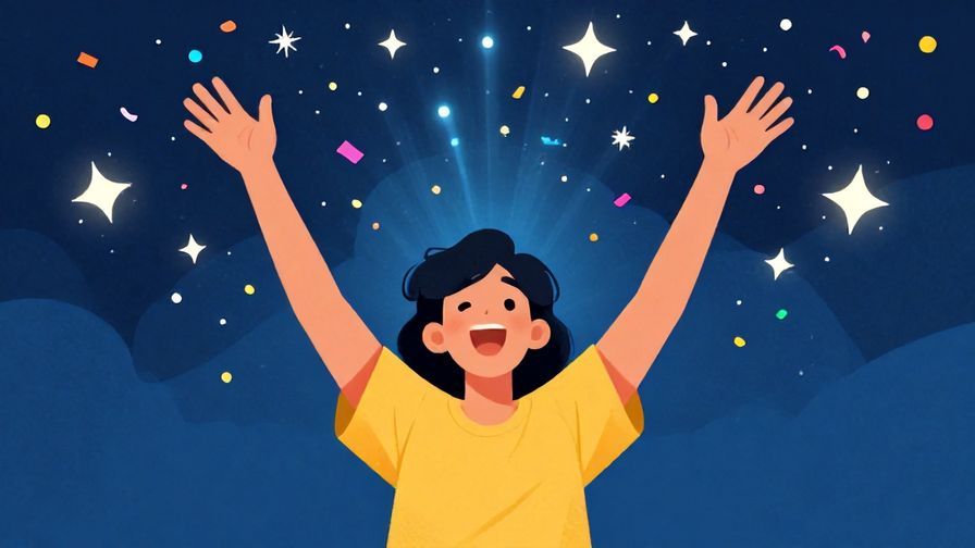 Illustration of a person with arms raised in excitement surrounded by sparkling stars and festive confetti, bright colors