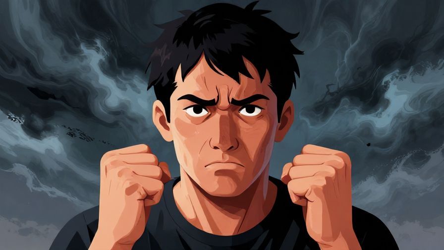 Illustration of a person with clenched fists, a stormy sky behind, intense emotional expression, detailed background, vibrant colors, illustrated style