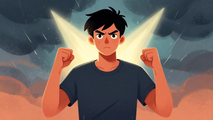 Illustration of a person with clenched fists and a determined expression, standing strong under a stormy sky with light breaking through, vibrant colors, illustrated style