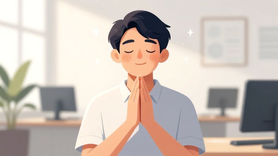 Illustration of a person with closed eyes and hands clasped, emitting hopeful energy in a bright office setting