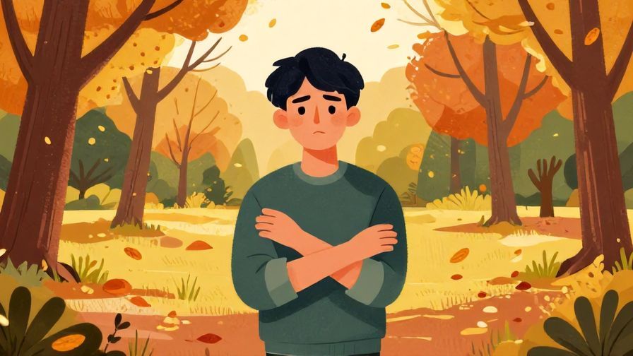 Illustration of a person with crossed arms and a serious face, standing alone in a quiet park with autumn leaves falling, detailed background, vibrant colors, illustrated style