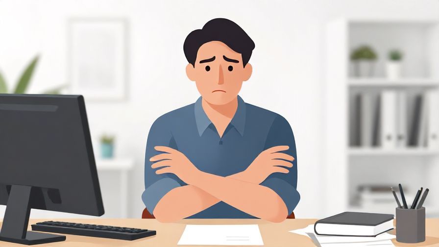 Illustration of a person with crossed arms looking doubtful in a bright office environment, documents on the table