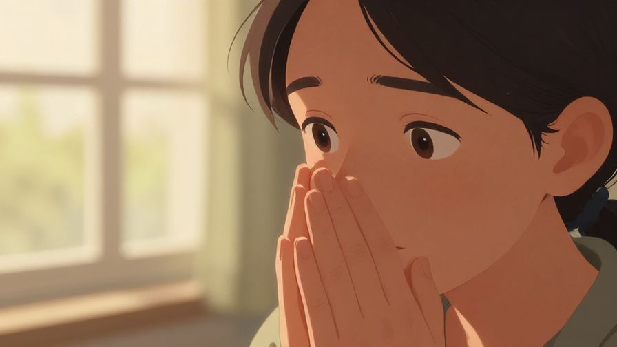 Illustration of a person with earnest eyes, hands clasped in pleading gesture, soft natural light filtering through a window