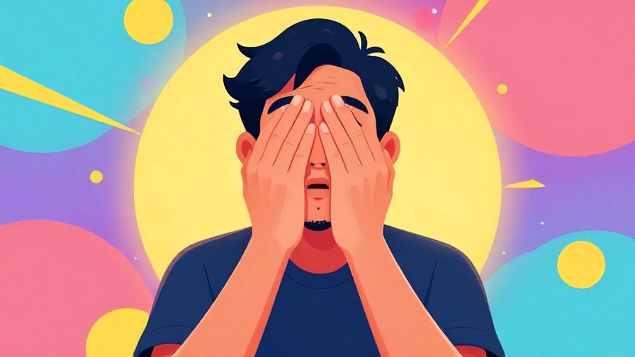 Illustration of a person with exaggerated pleading hands gesture, vibrant background with playful atmosphere