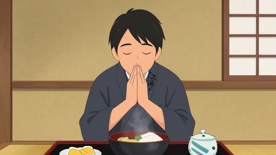 Illustration of a person with eyes closed, hands clasped in gratitude after tasting food, traditional Japanese dining room