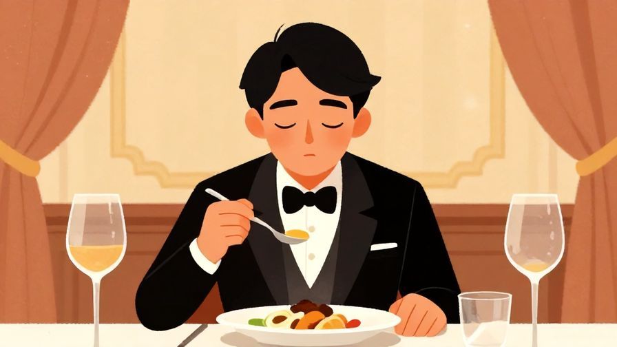 Illustration of a person with eyes closed savoring a dish at a formal dinner, elegant background, warm colors