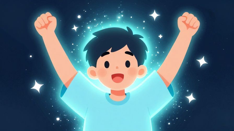 Illustration of a person with glowing aura and sparkles around, looking amazed and triumphant