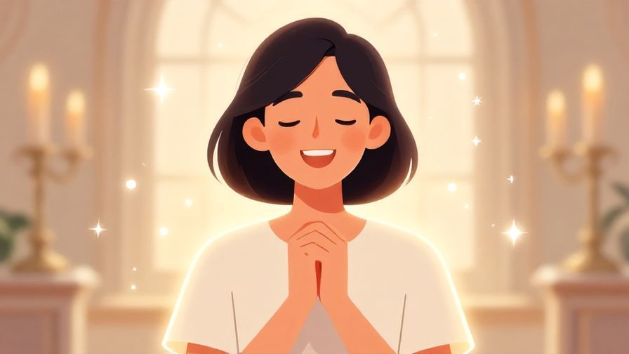 Illustration of a person with hands clasped and a joyful smile, surrounded by soft glowing light, elegant setting