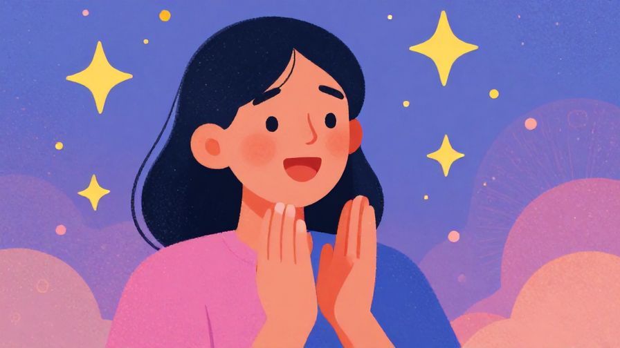 Illustration of a person with hands clasped excitedly, surrounded by stars and soft dots, vibrant colors, illustrated style