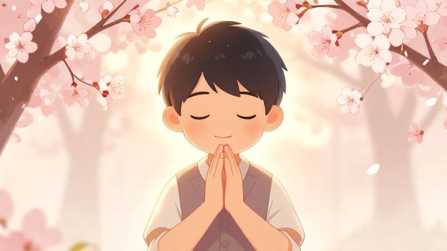 Illustration of a person with hands clasped in front of a shrine, eyes closed in gratitude, soft glowing light and cherry blossoms around
