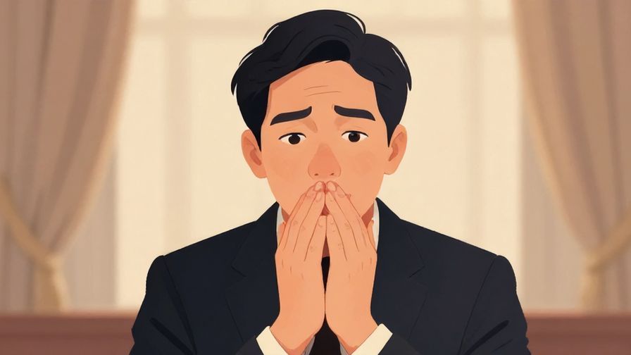 Illustration of a person with hands clasped near mouth in disbelief, formal setting, soft lighting