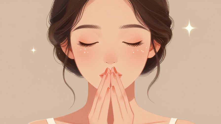 Illustration of a person with hands clasped together, eyes sparkling, elegant background with soft lighting