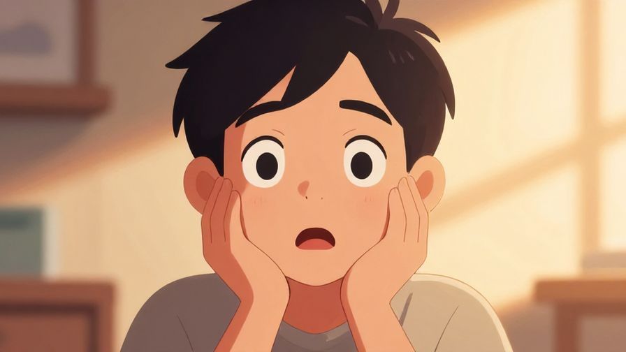 Illustration of a person with hands on cheeks and wide eyes, mouth open in disbelief, indoors with warm lighting