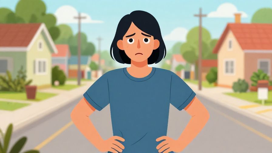 Illustration of a person with hands on hips, scolding with a slightly exasperated expression, suburban street background, bright colors, illustrated style