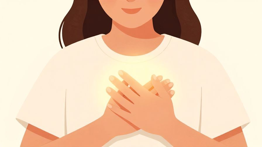 Illustration of a person with hands over heart, smiling softly, glowing warm light around, peaceful setting