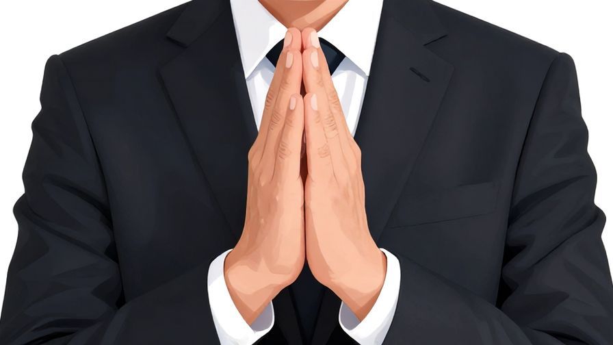 Illustration of a person with hands together in a pleading gesture, sincere expression, formal setting, illustrated style