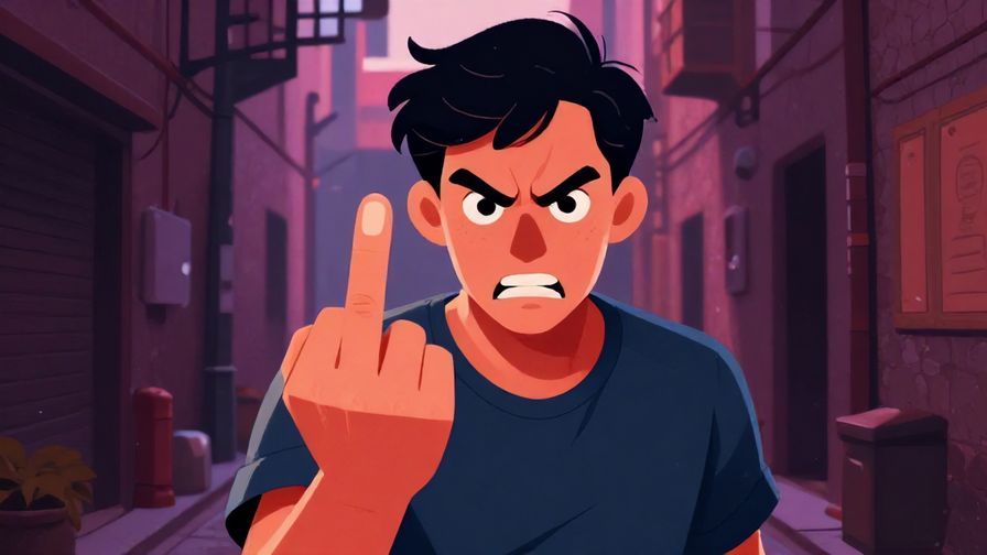 Illustration of a person with intense anger, pointing finger firmly, dark alley in the background, vibrant colors, illustrated style