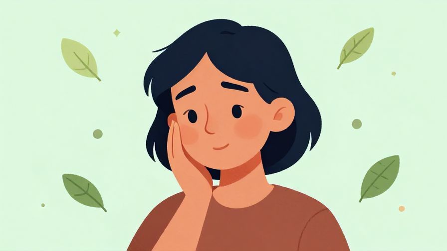 Illustration of a person with mixed emotions smiling softly, with floating leaves and soft dots in the background