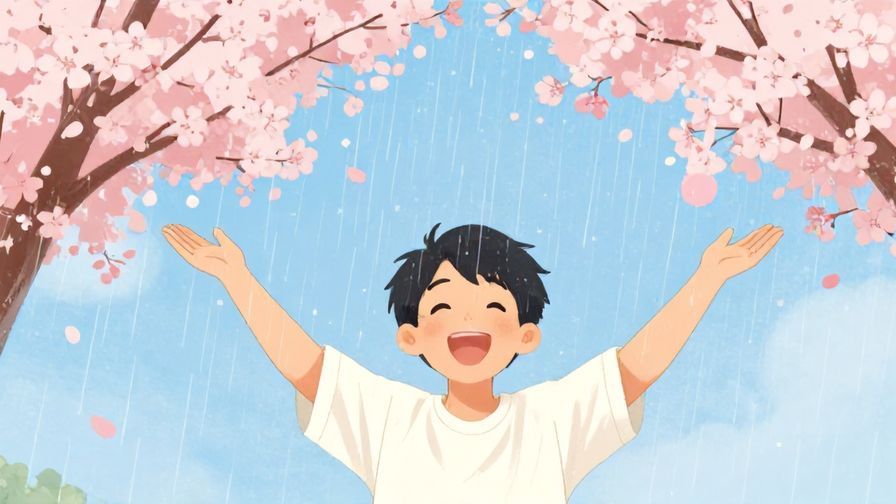 Illustration of a person with outstretched arms under a shower of cherry blossoms, radiant smile, bright colors