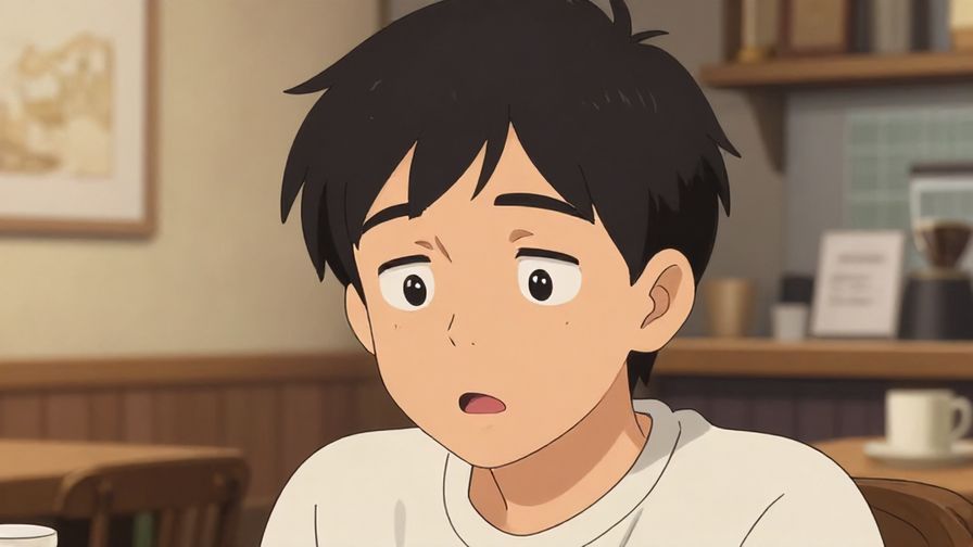 Illustration of a person with raised eyebrows and mouth slightly open, a subtle gasp, indoor cafe setting