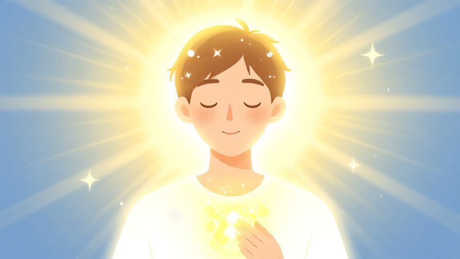Illustration of a person with sparkling clean and bright aura around their head and chest, radiant sunlight background