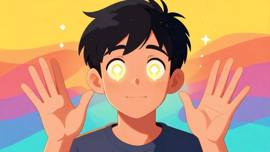 Illustration of a person with sparkling eyes and animated gestures, bright and colorful background